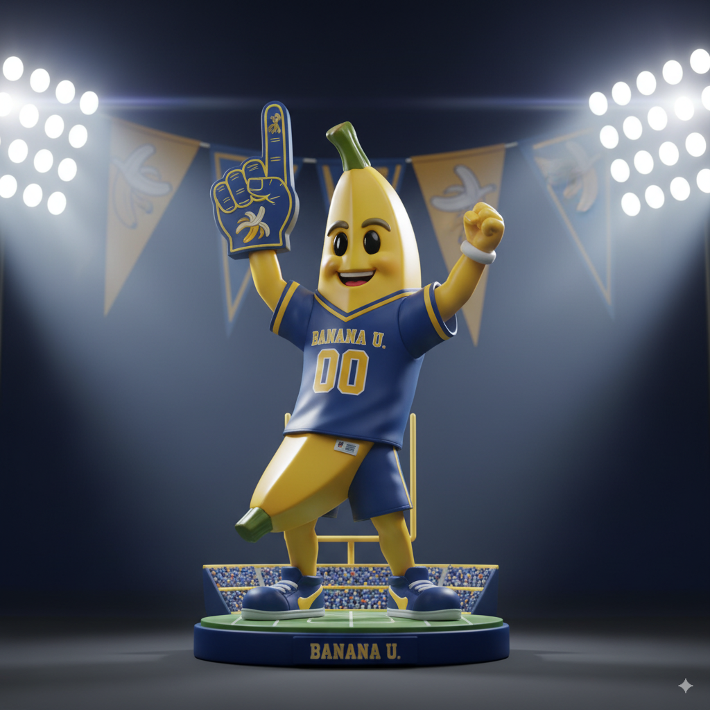university mascot nano-banana, team colors, victory pose, foam finger accessory, stadium light effects, jersey detail with number, school pennant backdrop